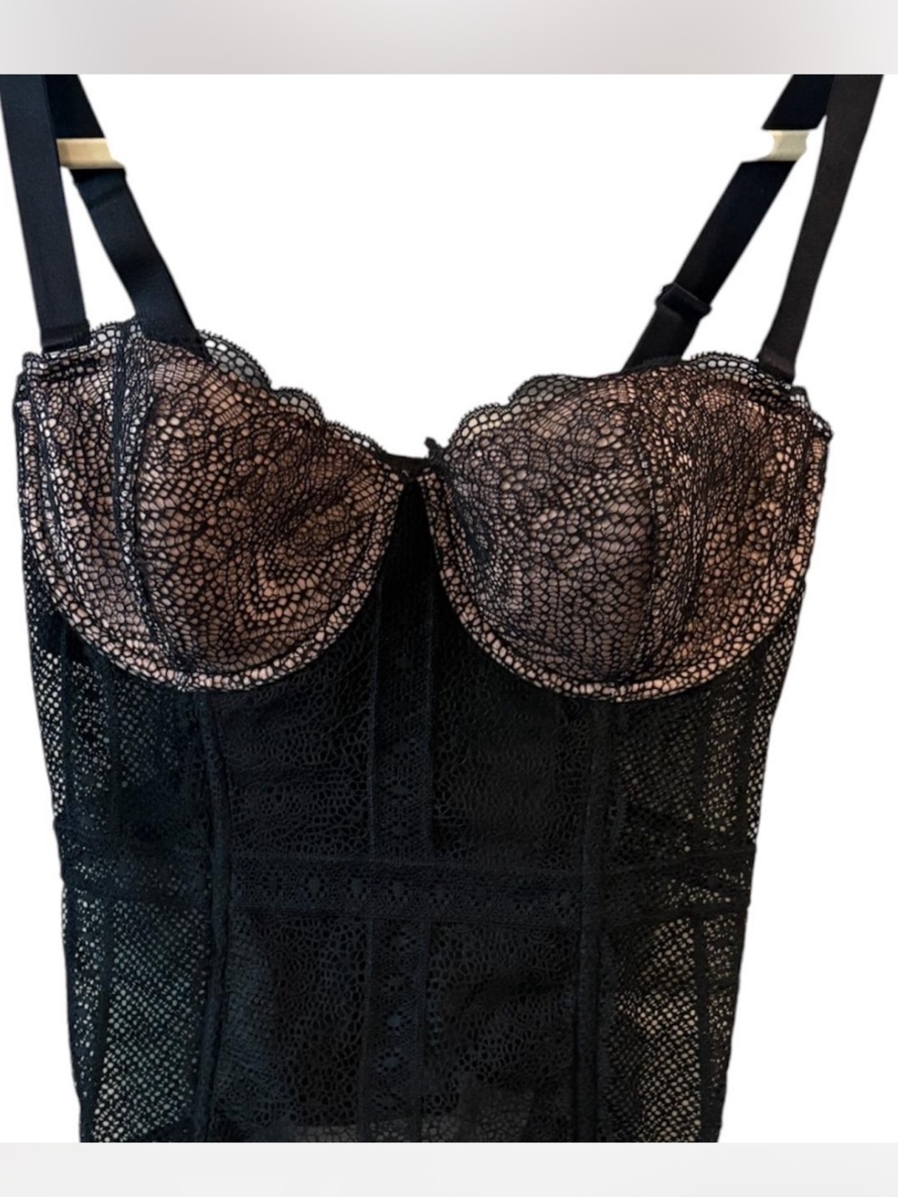 Black Lace Mesh Bustier Corset Teddy Bodysuit Lingerie 36D EU 80D Sheer Boned